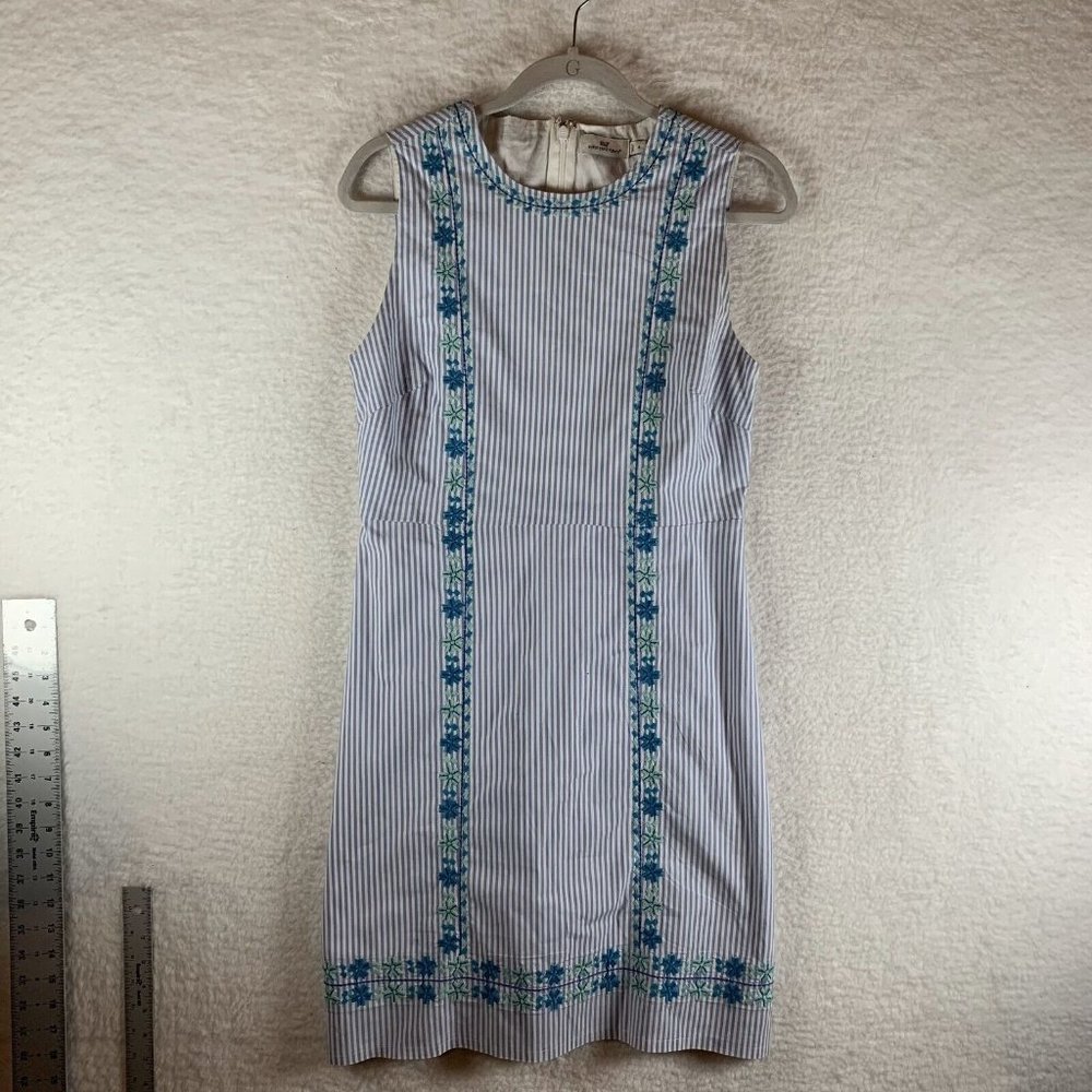 Vineyard Vines Shift Dress Women's 4 Blue White Striped Floral Embroidered‎ 7788